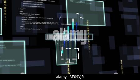 Displaying centered aqua dashboard panel showing segmented bar, code blocks, yellow binary columns Stock Photo