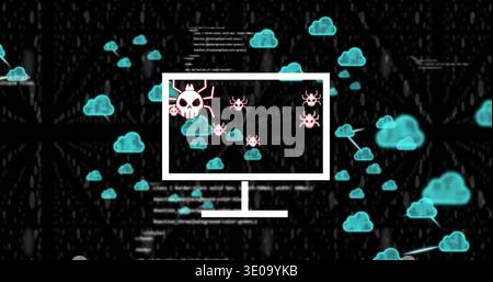 Displaying monitor outline containing pink skulls and bugs in cloud network with cyan nodes code Stock Photo