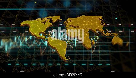 Projecting golden world map with mesh nodes, displaying cyan charts and candles on 3D dashboard Stock Photo
