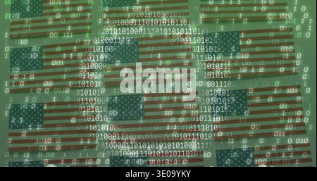 Displaying tiled US flags with floating binary digits and screen grid on monitor, data motif Stock Photo