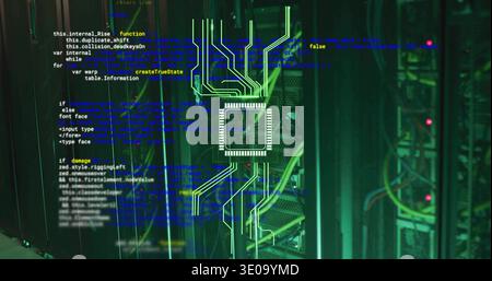 Displaying chip overlay glowing above server racks in data center, with bundled cables, red LEDs Stock Photo