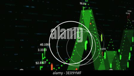 Displaying green dotted peak rising over dark grid chart, showing white rings, bars, numbers, dots Stock Photo