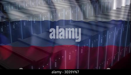 Displaying centered server rack rows glowing with LEDs under overhead lighting, tricolor overlay Stock Photo