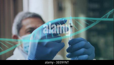 Holding syringe, clinician adjusting in clinic, nitrile gloves, mask, lab coat, DNA overlay Stock Photo