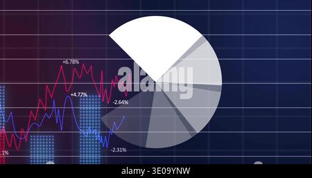 Displaying grayscale pie chart offset right on dashboard, showing red blue lines and dotted bars Stock Photo