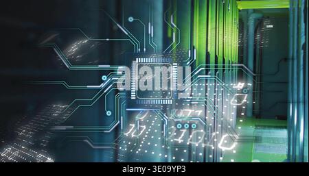Projecting translucent holographic chip displaying circuit traces above server racks in data center Stock Photo