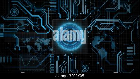 Displaying central circular holographic interface rotating over dark grid, with cyan circuit traces Stock Photo