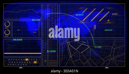 Displaying multi-panel digital HUD dashboard filling frame, showing line chart, gauges, key grid Stock Photo