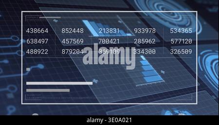 Displaying HUD panel showing six-digit values, bar charts and progress bars on command dashboard Stock Photo