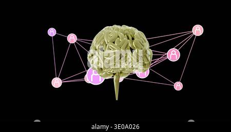 Displaying glossy gold 3D brain centered on black backdrop, linking pink nodes with user icons Stock Photo