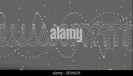 Displaying dotted sine-wave band oscillating at center in gray abstract, with dots and baseline Stock Photo