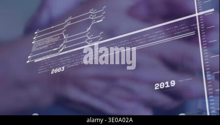 Tapping senior hands navigating holographic timeline 2003 to 2019 and code on office touch surface Stock Photo