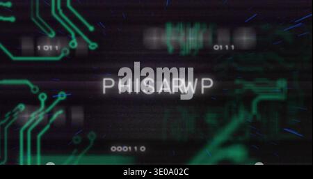 Displaying central text PHISARWP flickering over virtual HUD, showing neon traces, numeric strings Stock Photo