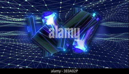 Floating two faceted prisms casting glowing core light over wire mesh in cyberspace, neon accents Stock Photo