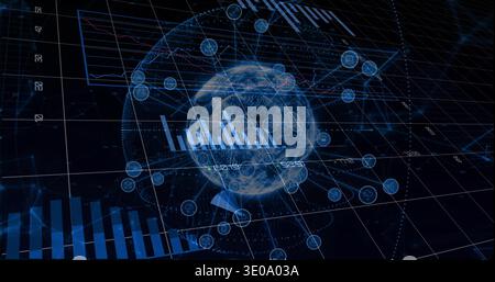 Displaying holographic globe projecting data over 3D grid with axis ticks, node links, bars Stock Photo