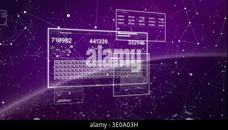 Displaying floating translucent UI panels and virtual keyboard orbiting planet, with node network Stock Photo