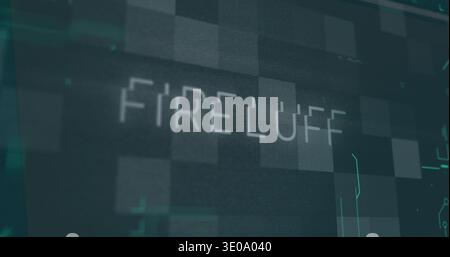 Displaying segmented FIRELUFF text glowing on UI panel with pixel mosaic, circuit lines, CRT scan Stock Photo