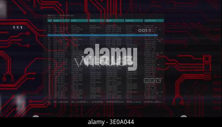Displaying translucent terminal showing tabular data with WIRUS overlay on red circuit backdrop Stock Photo