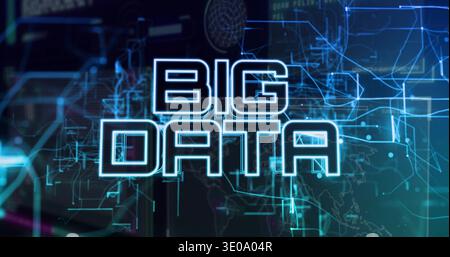 Displaying neon BIG DATA text glowing center in virtual HUD, with circuits and map contours Stock Photo
