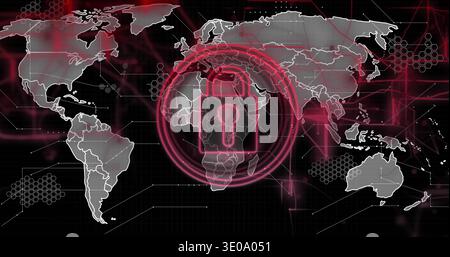 Displaying glowing red padlock over central Africa on gray world map grid, with rings, hex mesh Stock Photo
