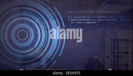 Displaying blue HUD graphic overlaying left skyline, with grid, white code, circuits, copy space Stock Photo