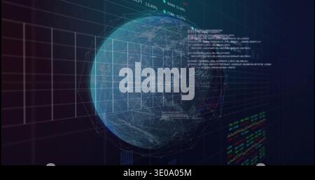 Rotating wireframe globe projecting node links and 3x3 grid in HUD with code panels and tickers Stock Photo