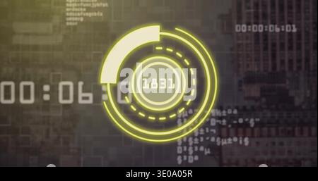 Displaying yellow circular HUD centered in interface, showing 1831, left timestamp, code, building Stock Photo