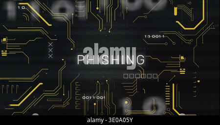 Displaying centered PHISHING text on dark schematic, showing gold traces, binary, password boxes Stock Photo