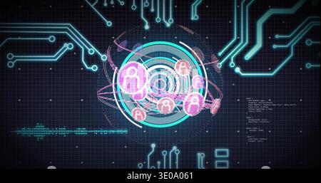Displaying central holographic interface rotating on dark grid plane, linking pink avatar nodes Stock Photo