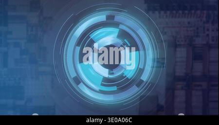 Rotating central HUD scanning digital interface, showing concentric rings, dark core, motion blur Stock Photo
