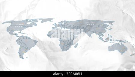 Showing stylized world map on crumpled sheet on table, displaying orange markers and dotted points Stock Photo