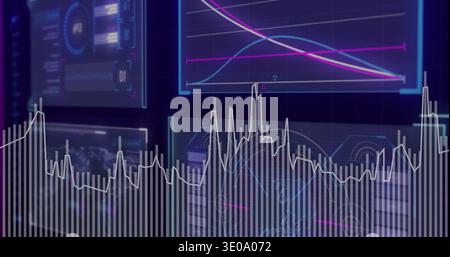 Displaying semi-transparent bar histogram and jagged white line plot in control room with neon UI Stock Photo