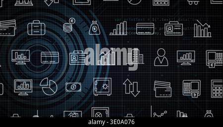 Displaying teal concentric rings combining with white finance icons on dark grid UI, code overlay Stock Photo