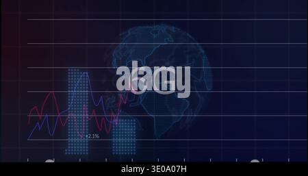 Displaying cyan wireframe globe overlaid by big 6G text on dashboard, featuring red and blue graphs Stock Photo