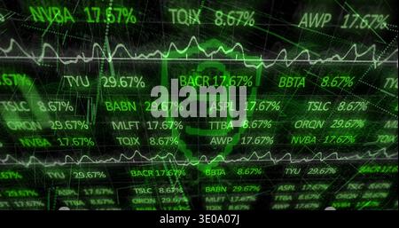 Animating central skull mask merging with pulsing market data on virtual grid, with percentages Stock Photo