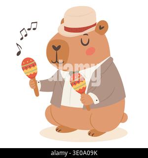 Cute capybara jazz musician playing maracas in a vintage jazz band cartoon illustration Stock Vector