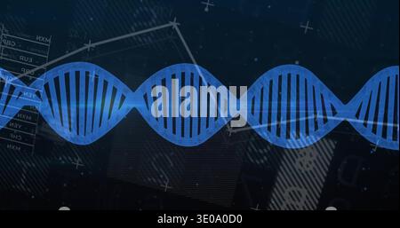 Displaying blue DNA double helix spanning center of digital display, showing schematic panels Stock Photo