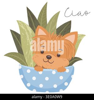 Cute yorkshire terrier dog hiding in the flower pot. English translation for Ciao is Hello Stock Vector
