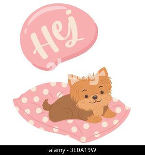 Cute yorkshire terrier dog sleeping in big pink pillow. English translation for Hej is Hello Stock Vector