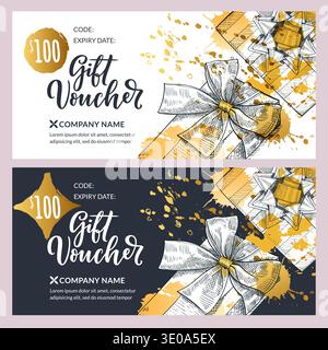Gift voucher card set with hand drawn gift boxes and golden watercolor splash. Seasonal holiday sale banner backgrounds in black white gold. Vector de Stock Vector