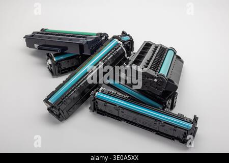 Various empty toner cartridges for color laser printers and black and white laser printers, symbol image, disposing of toner cartridges, Stock Photo