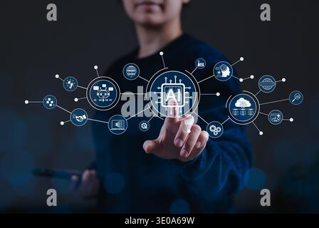 Artificial intelligence technology concept. Businesswoman touching AI chip icon and digital network connecting automation, innovation, data analysis, Stock Photo