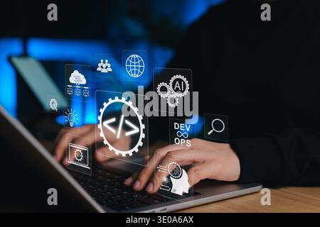 AI powered software development concept. Developer coding on laptop with DevOps, artificial intelligence, cloud computing, and automation icon Stock Photo
