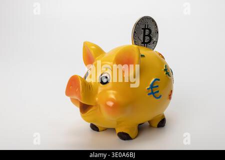 Yellow piggy bank with euro sign, Bitcoin coin, white background, symbolic image, taxation of cryptocurrencies, digital currency, Stock Photo