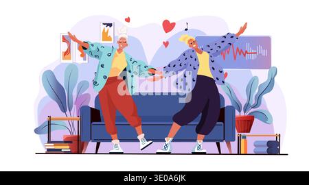 Active seniors dancing together joyful lifestyle elderly couple enjoying music at home modern interior plants abstract decor colorful flat design Stock Vector