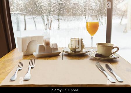 Table set for breakfast at restaurant Stock Photo