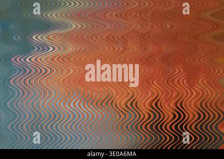 A dynamic abstract composition blending warm earthy tones like orange and red with cooler blue sections, all unified by a pronounced, vertical wavy di Stock Photo