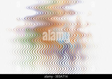 A vibrant abstract composition featuring vertical wavy lines in multiple colors (green, orange, blue, purple) distorted digitally, set against a pure Stock Photo