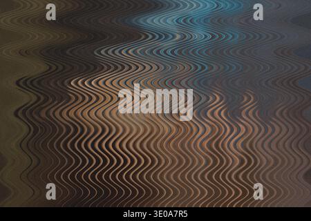 An abstract image featuring a strong wavy distortion effect across the surface. The color palette is dominated by dark browns and hints of deep blue i Stock Photo