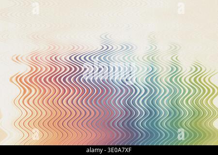 An abstract composition showcasing a series of vertical wavy lines displaying a soft, pastel rainbow gradient, ranging from warm tones like peach and Stock Photo